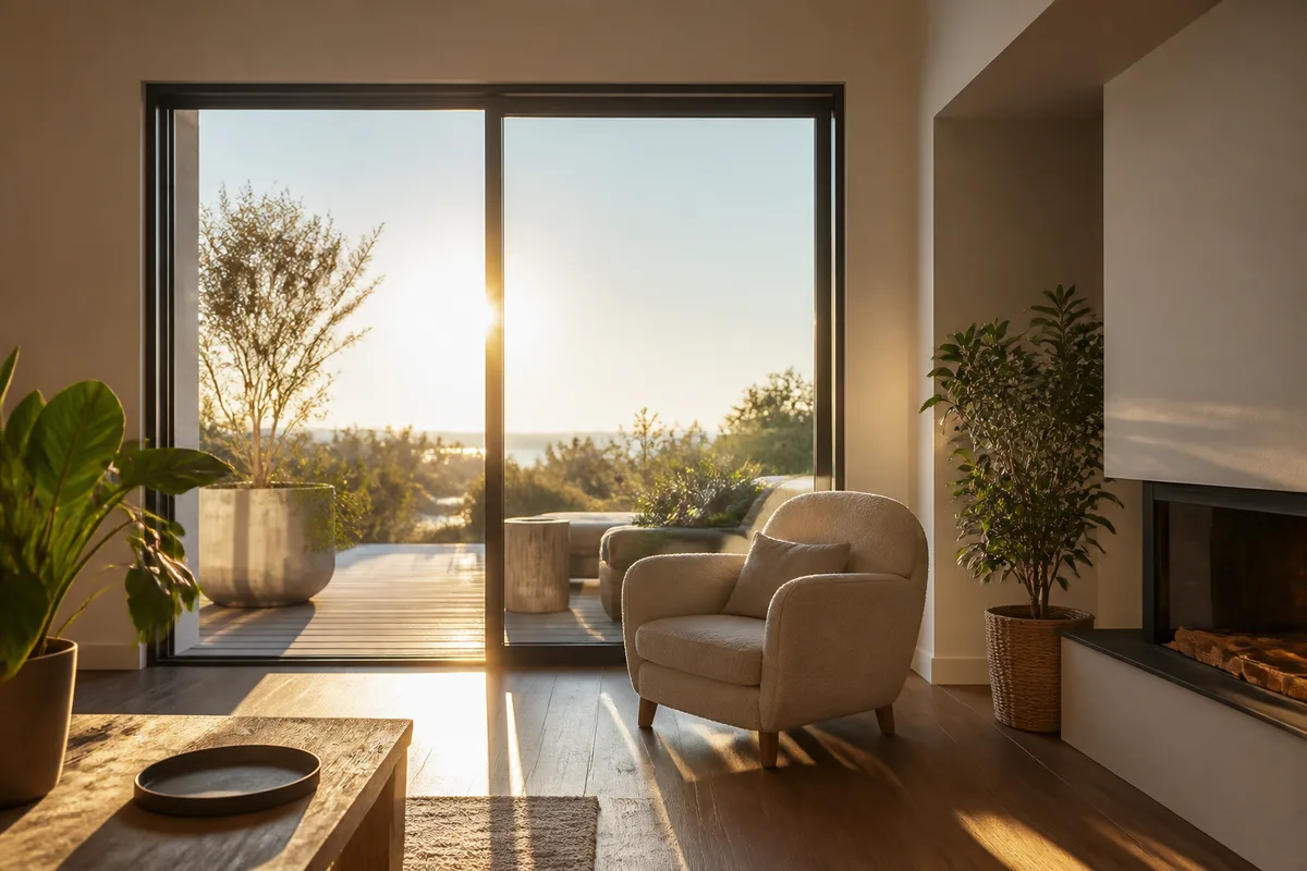 Salon d&rsquo;une maison rénovée avec grande baie vitrée orientée sud et lumière naturelle