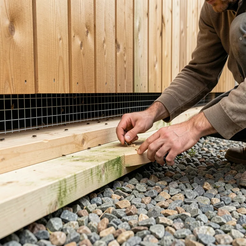Menuisier inspectant les lames basses et la grille de ventilation d’un bardage bois en pied de façade