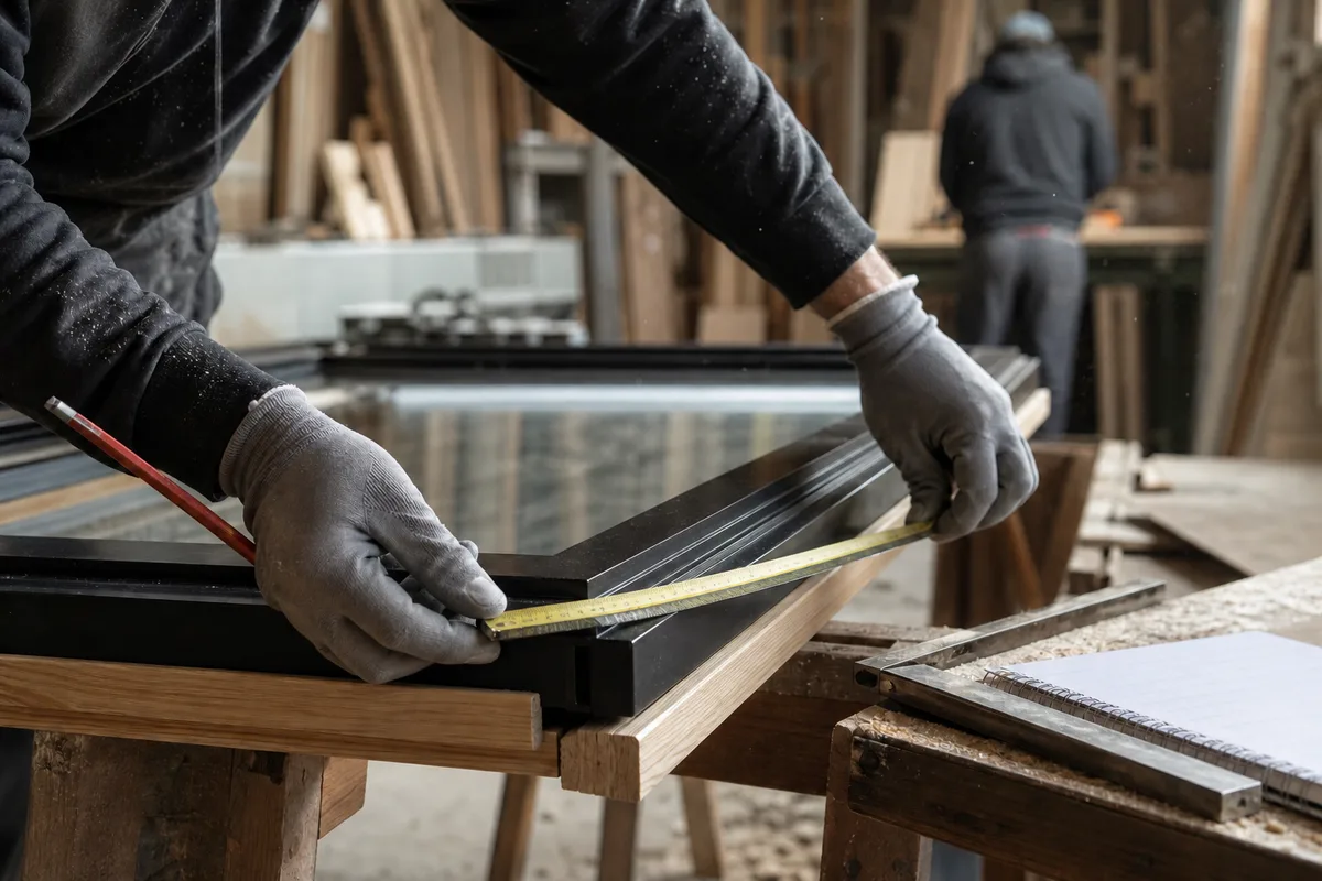 Mains d&rsquo;un artisan mesurant un dormant de fenêtre bois-alu dans un atelier
