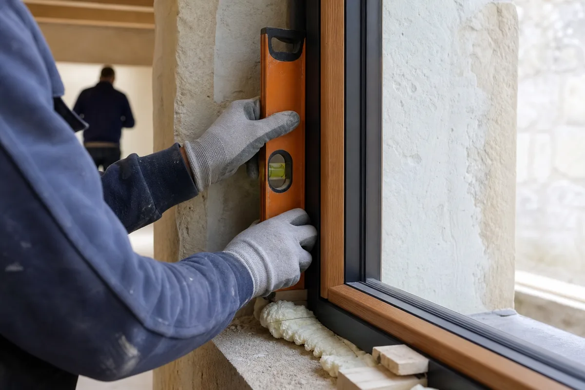 Mains d&rsquo;un menuisier contrôlant l&rsquo;aplomb d&rsquo;un dormant de fenêtre bois-alu en rénovation
