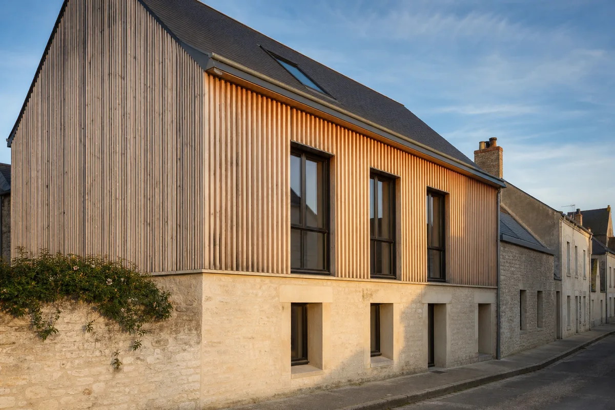Façade nantaise en tuffeau habillée d&rsquo;un bardage bois à claire-voie partiellement grisaillé sous une lumière océanique