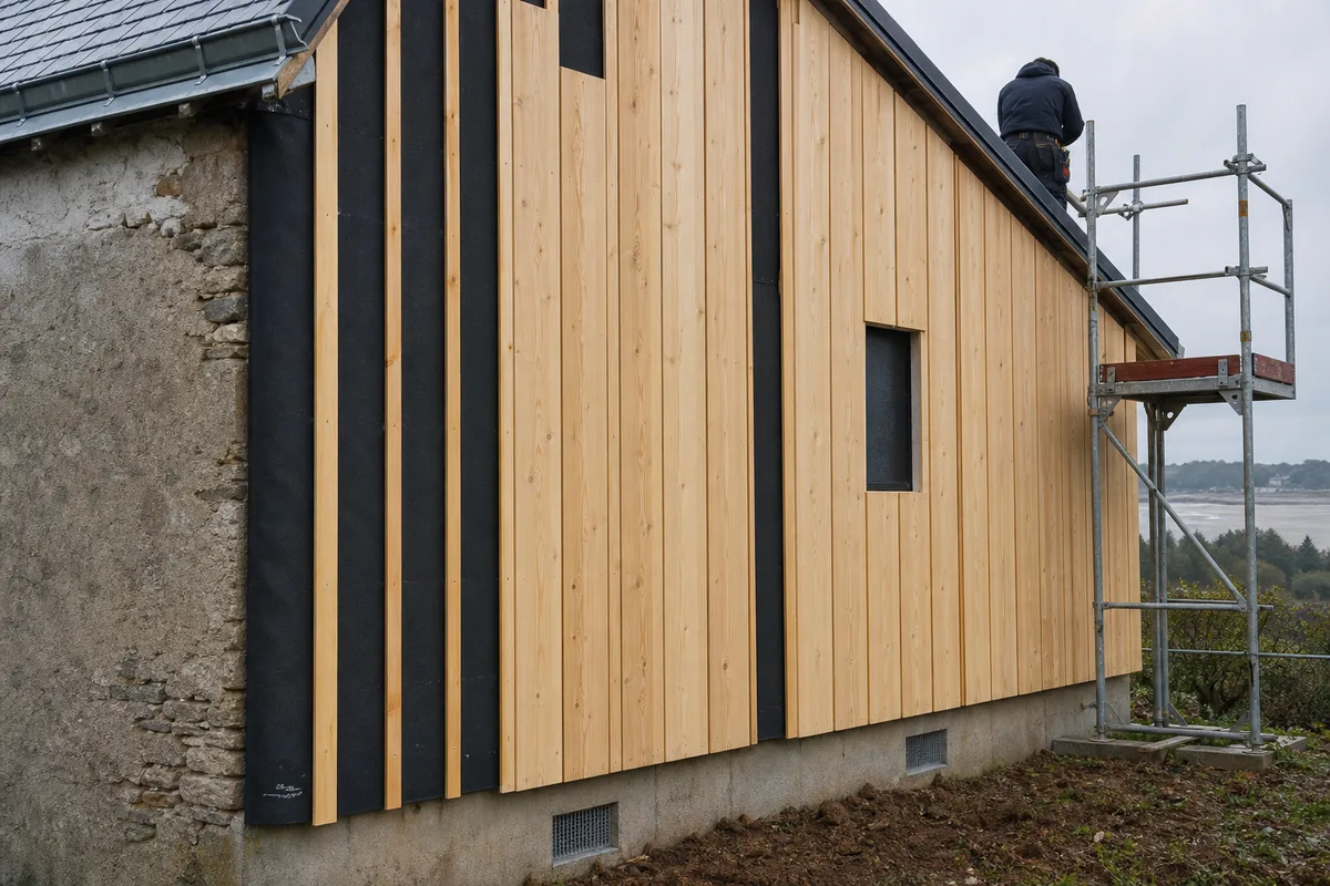 Pignon de maison nantaise habillé d&rsquo;un bardage bois vertical sous une lumière océanique voilée