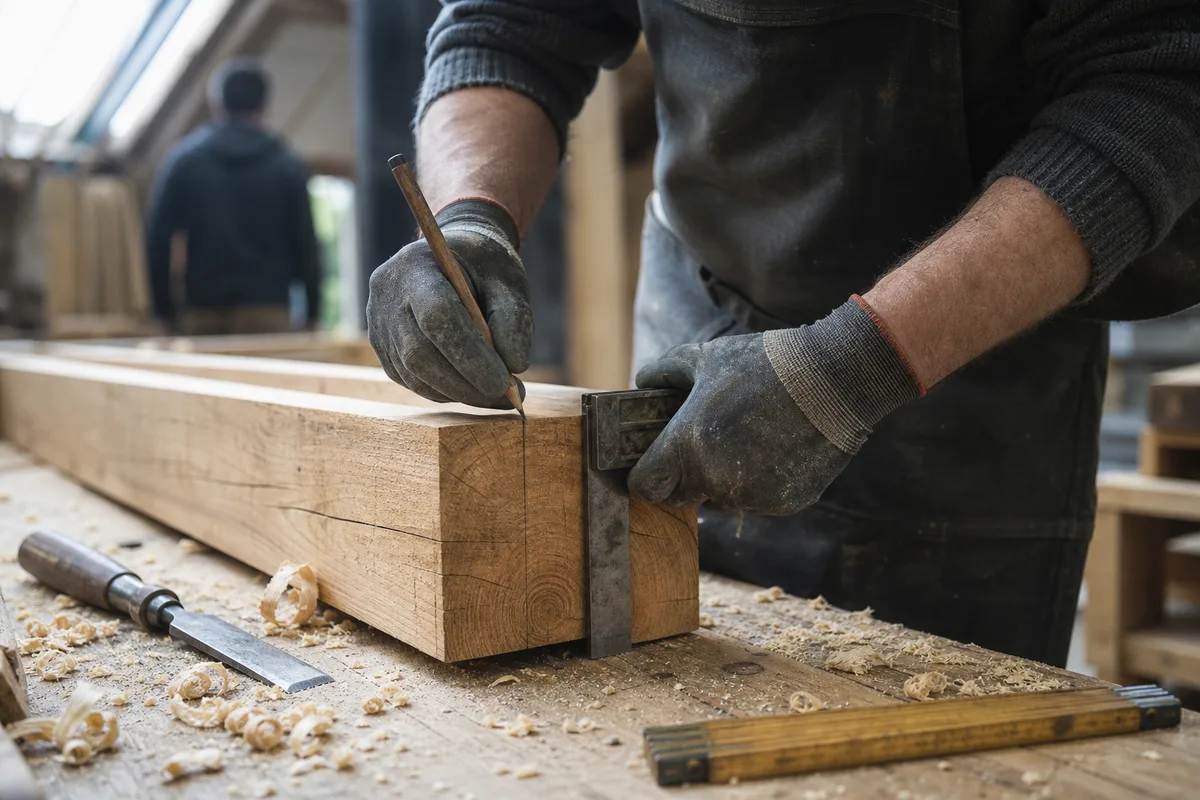 Mains gantées d&rsquo;un charpentier traçant une coupe sur une panne à l&rsquo;établi