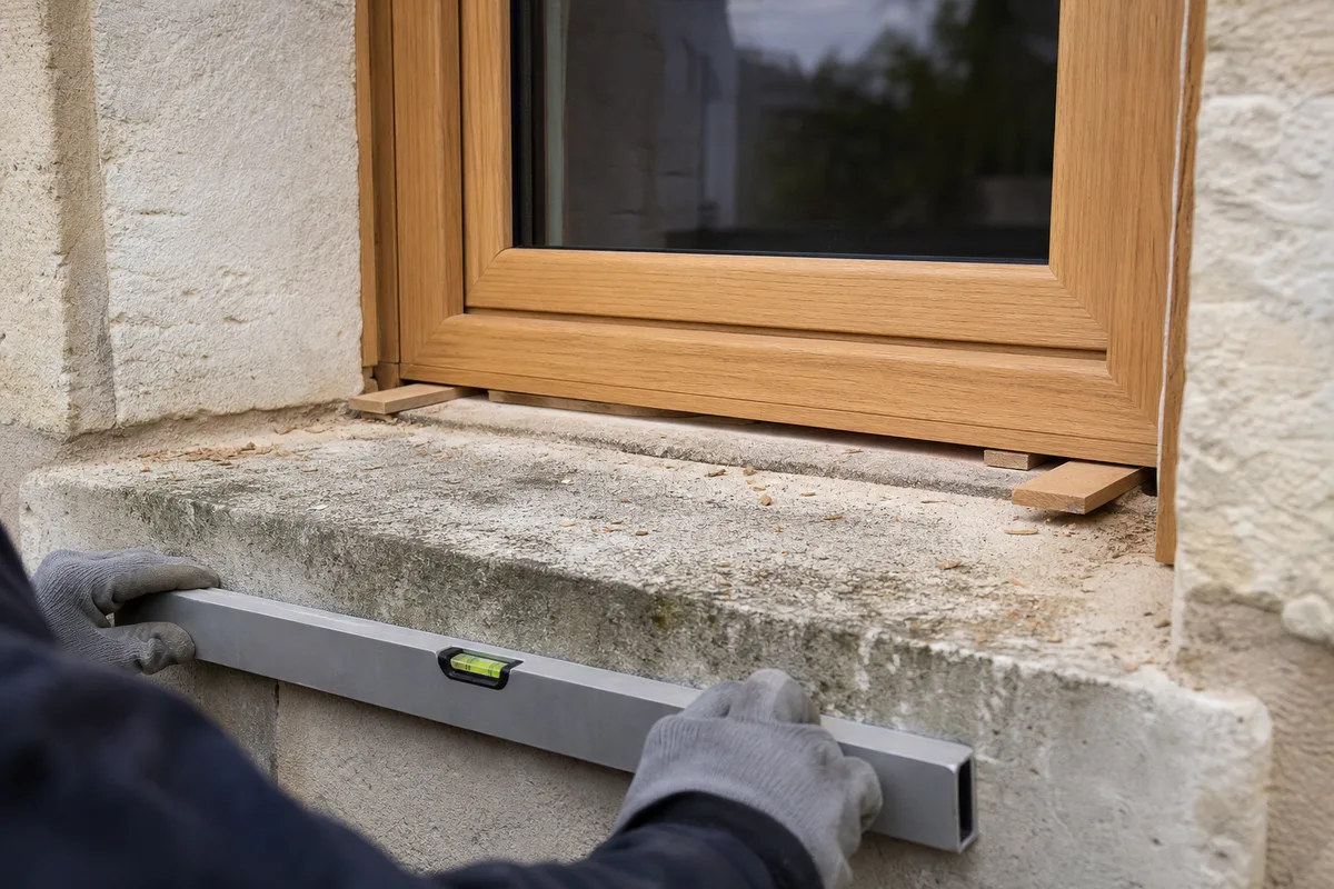 Façade nantaise en tuffeau avec une fenêtre bois neuve en cours de pose