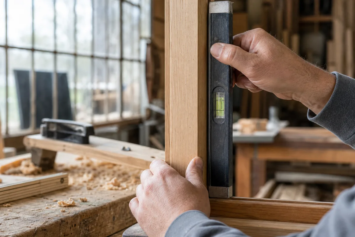 Mains d&rsquo;artisan contrôlant l&rsquo;aplomb d&rsquo;un dormant bois sur un chantier de rénovation