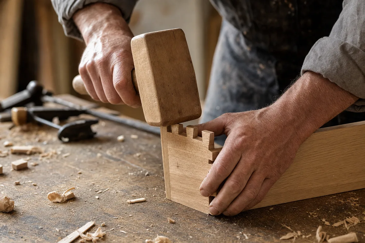 Établi d&rsquo;ébéniste avec un assemblage bois en cours et des copeaux de rabot