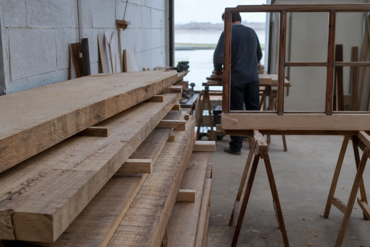 Bois massif stocké à plat dans un atelier de menuiserie sous une lumière claire