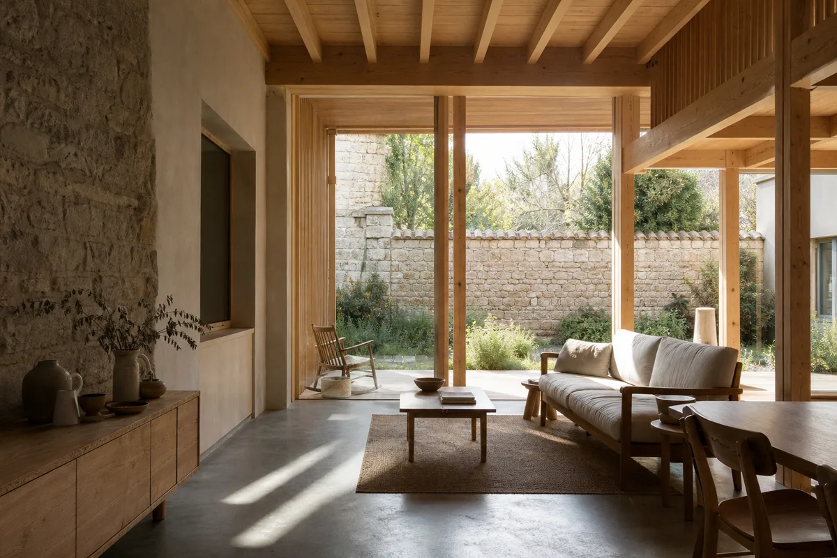 Extension à ossature bois greffée sur une maison nantaise, bardage clair et large baie vitrée