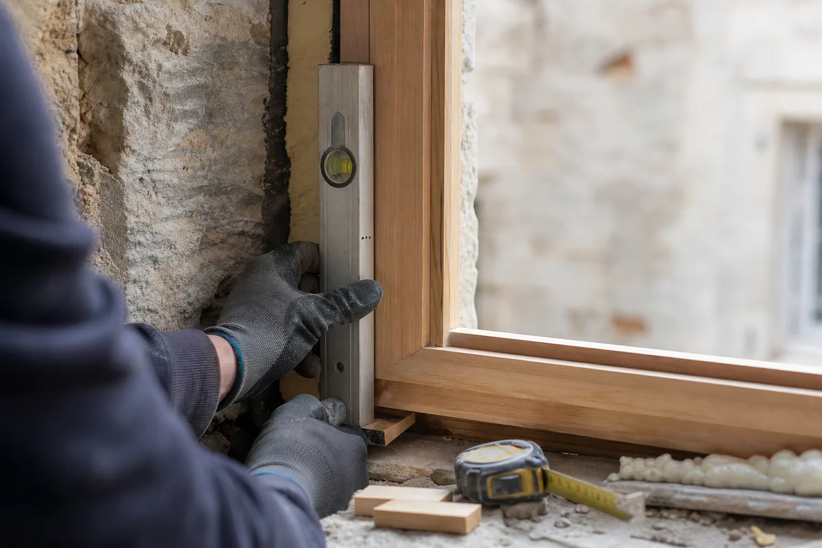 Fenêtre bois en cours de pose dans un tableau de pierre d&rsquo;une maison nantaise