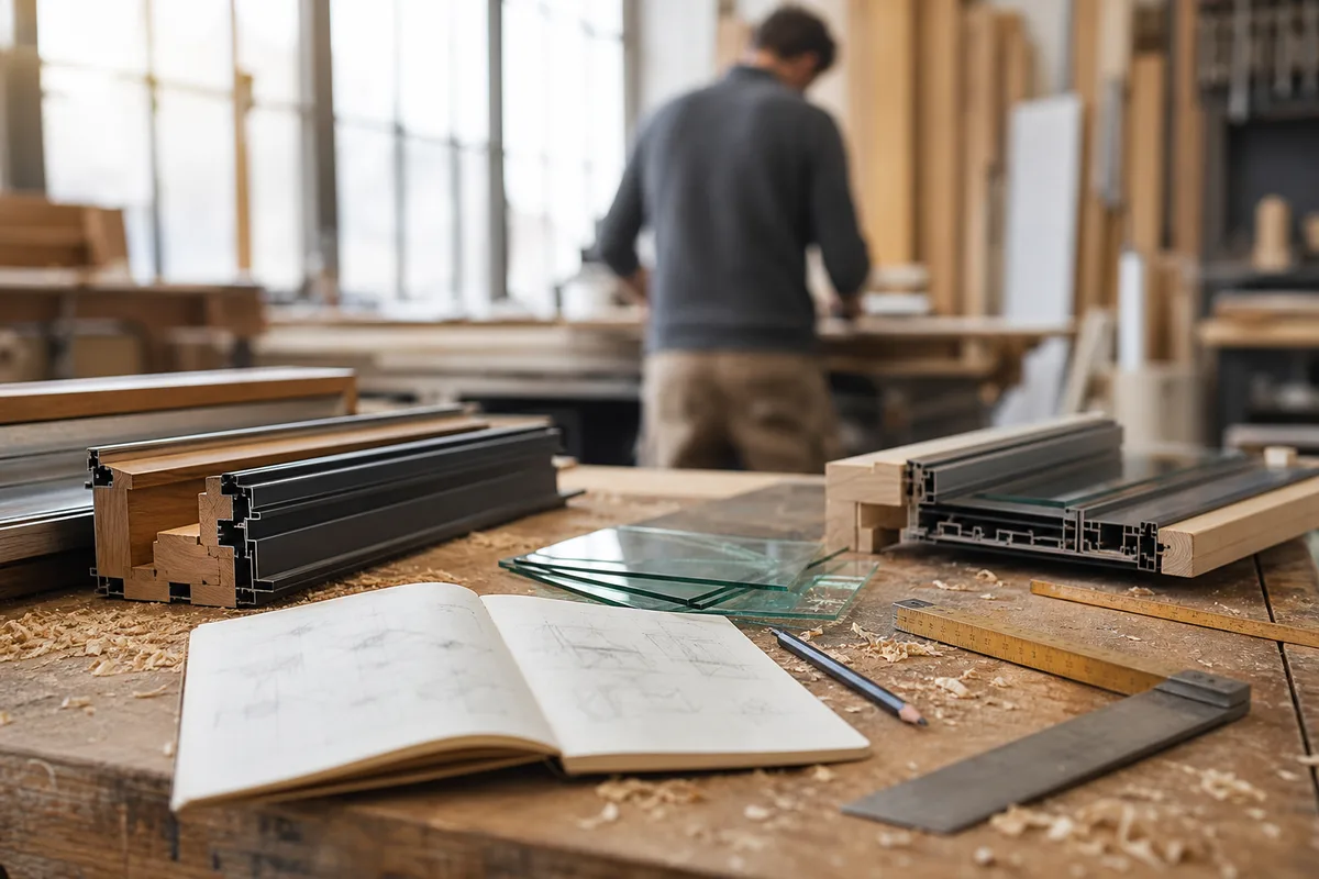 Établi de menuisier avec relevé de cotes et profilés bois-aluminium pour fenêtre