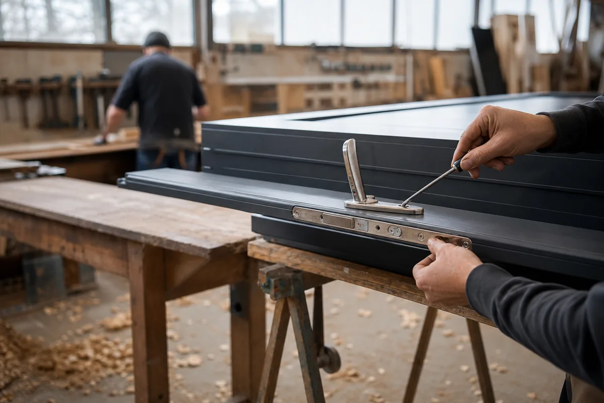 Atelier de menuiserie nantais, réglage de la quincaillerie d&rsquo;une porte d&rsquo;entrée en aluminium