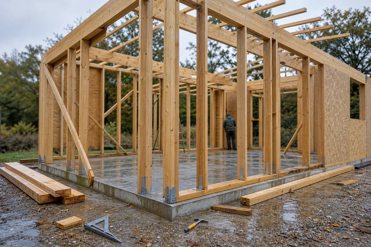 Garage en ossature bois fraîchement monté sur une parcelle boisée de Loire-Atlantique