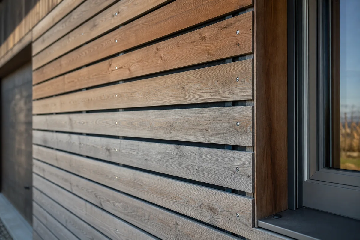 Détail d&rsquo;un bardage bois posé à claire-voie sur un garage, patine grise du climat océanique