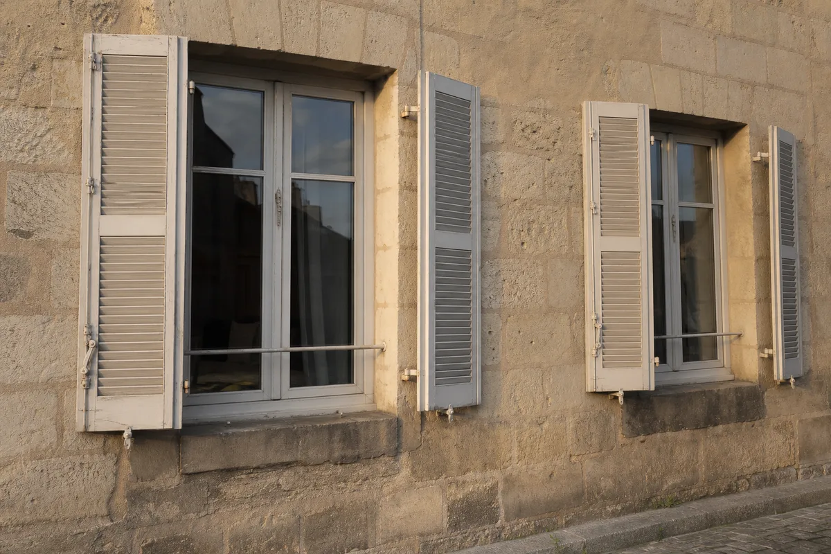 Façade nantaise en tuffeau avec fenêtres bois repeintes et volets battants ouverts