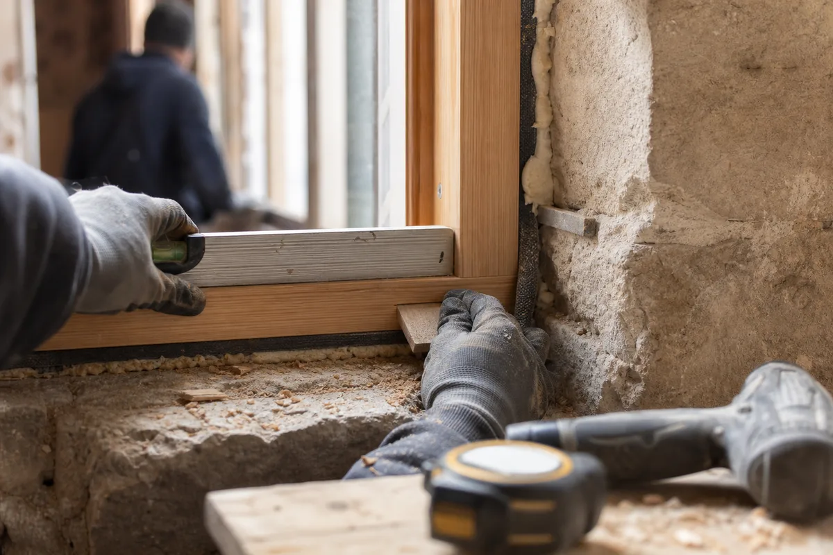 Menuisier ajustant un dormant de fenêtre bois dans un tableau de mur ancien