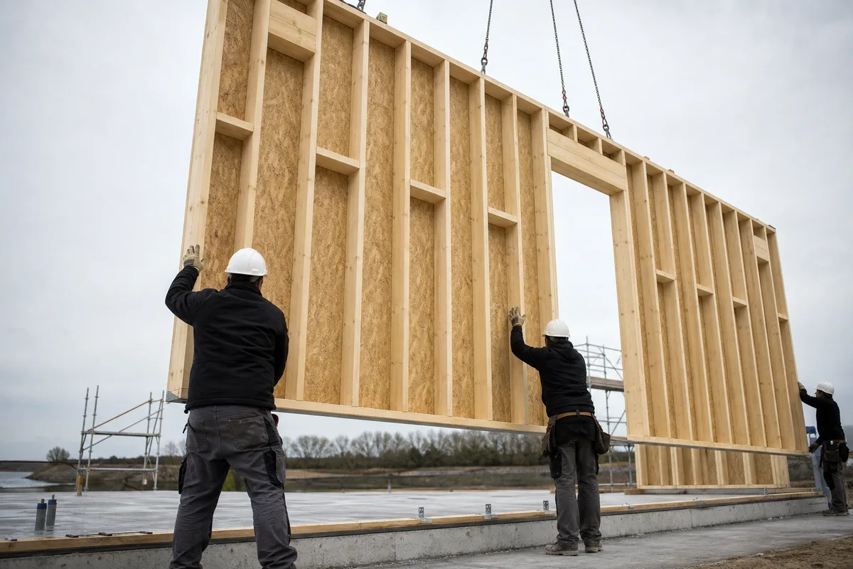 Levage de murs à ossature bois préfabriqués sur un chantier de maison en périphérie de Nantes