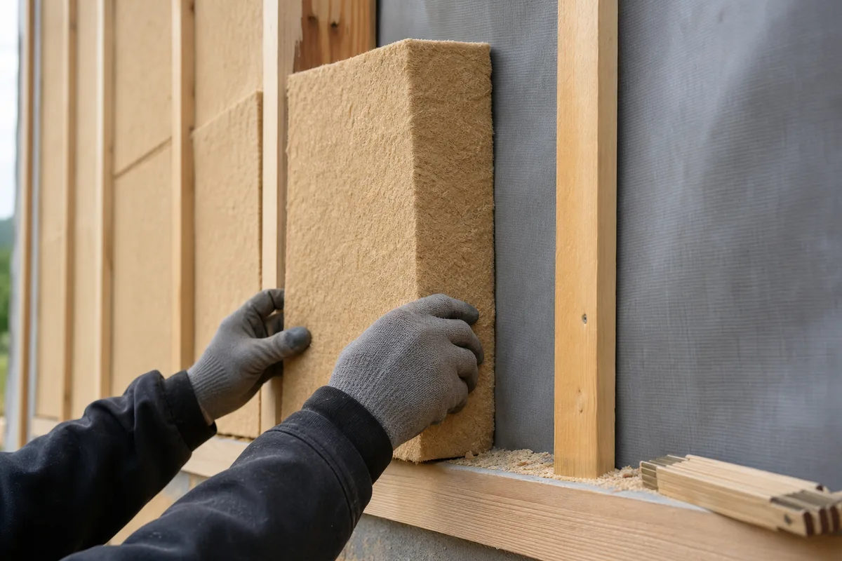 Mur à ossature bois isolé en laine de bois, montants apparents et pare-pluie fraîchement posé