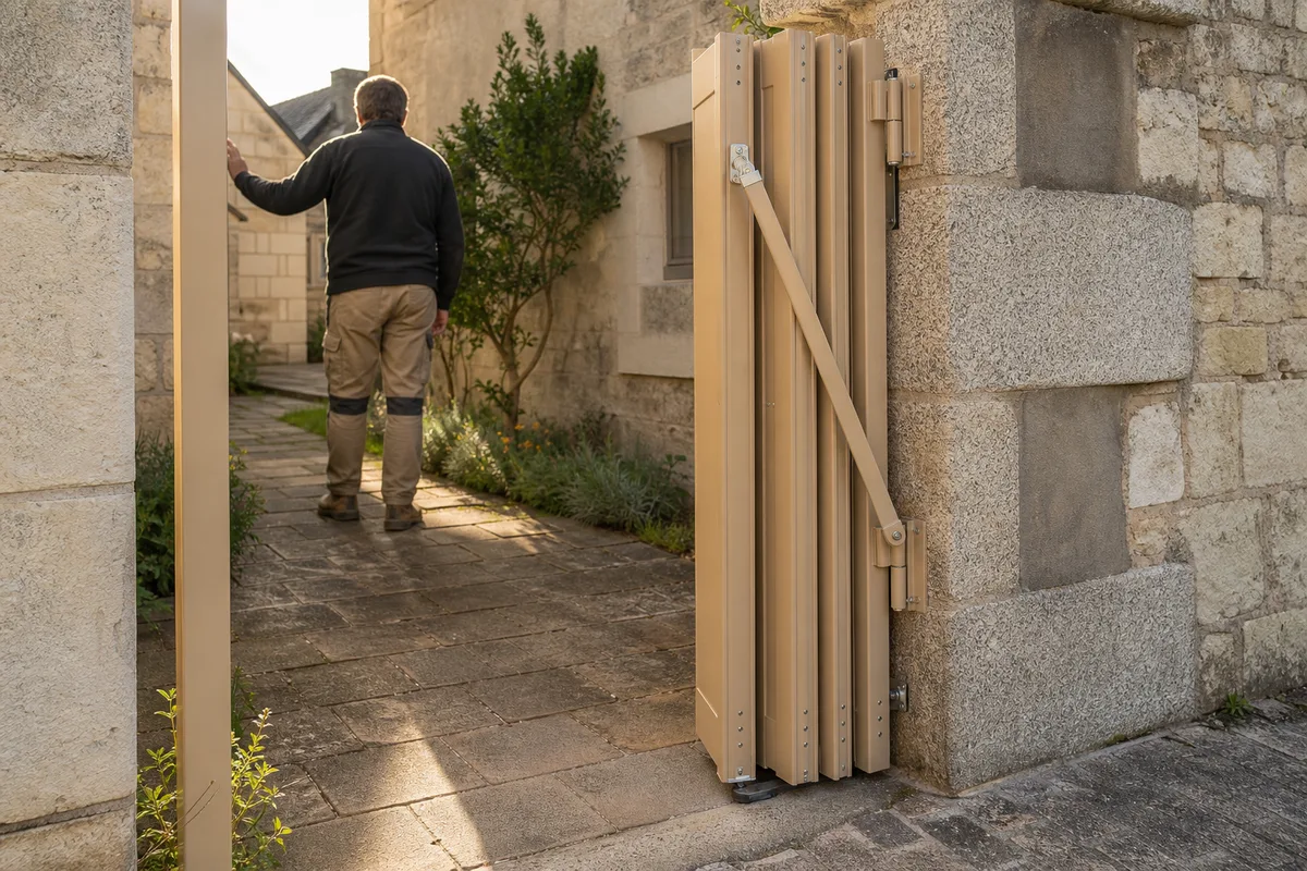 Portail à vantaux repliables en aluminium ouvert dans une cour étroite pavée
