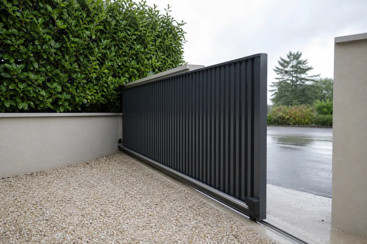 Portail coulissant en aluminium le long d&rsquo;un muret enduit et d&rsquo;une allée en gravier