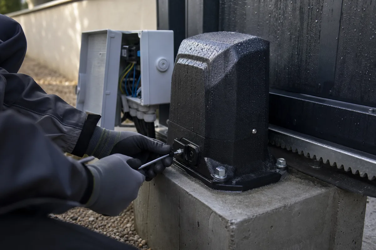 Moteur à crémaillère et son coffret de commande fixés sur un socle béton, lumière du matin