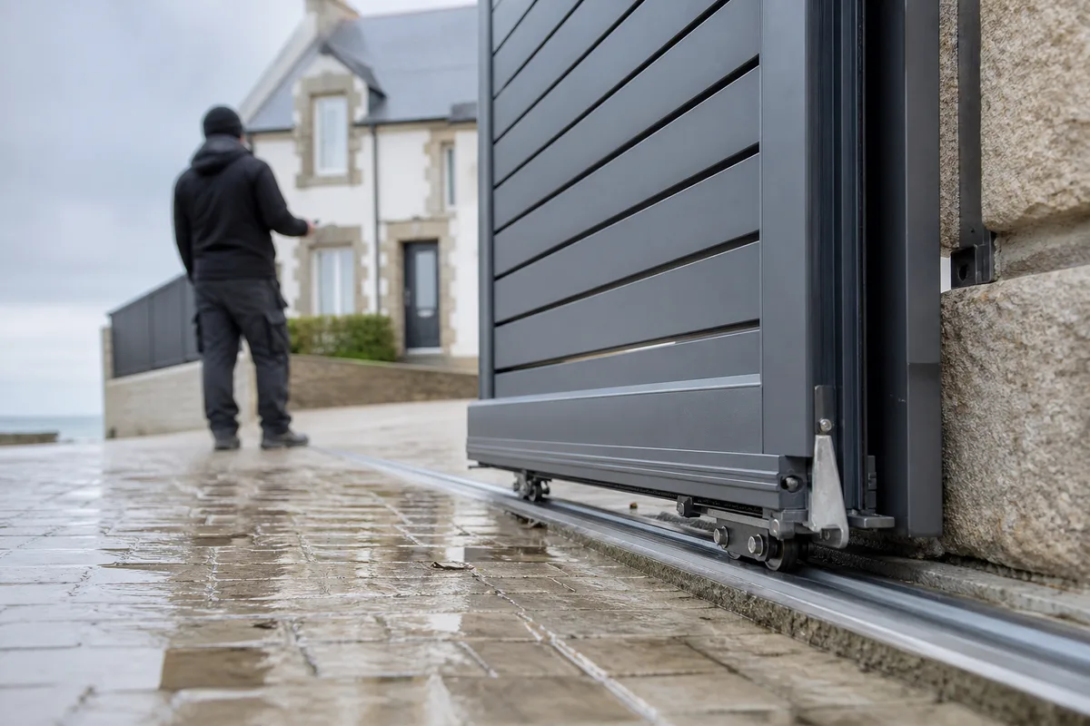 Portail coulissant en aluminium devant une maison nantaise en enduit clair