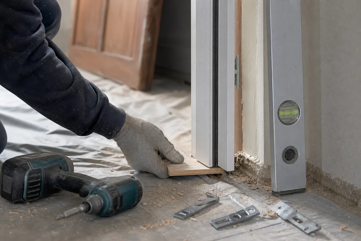 Mains d&rsquo;un menuisier réglant le dormant d&rsquo;un bloc-porte palier sur un chantier