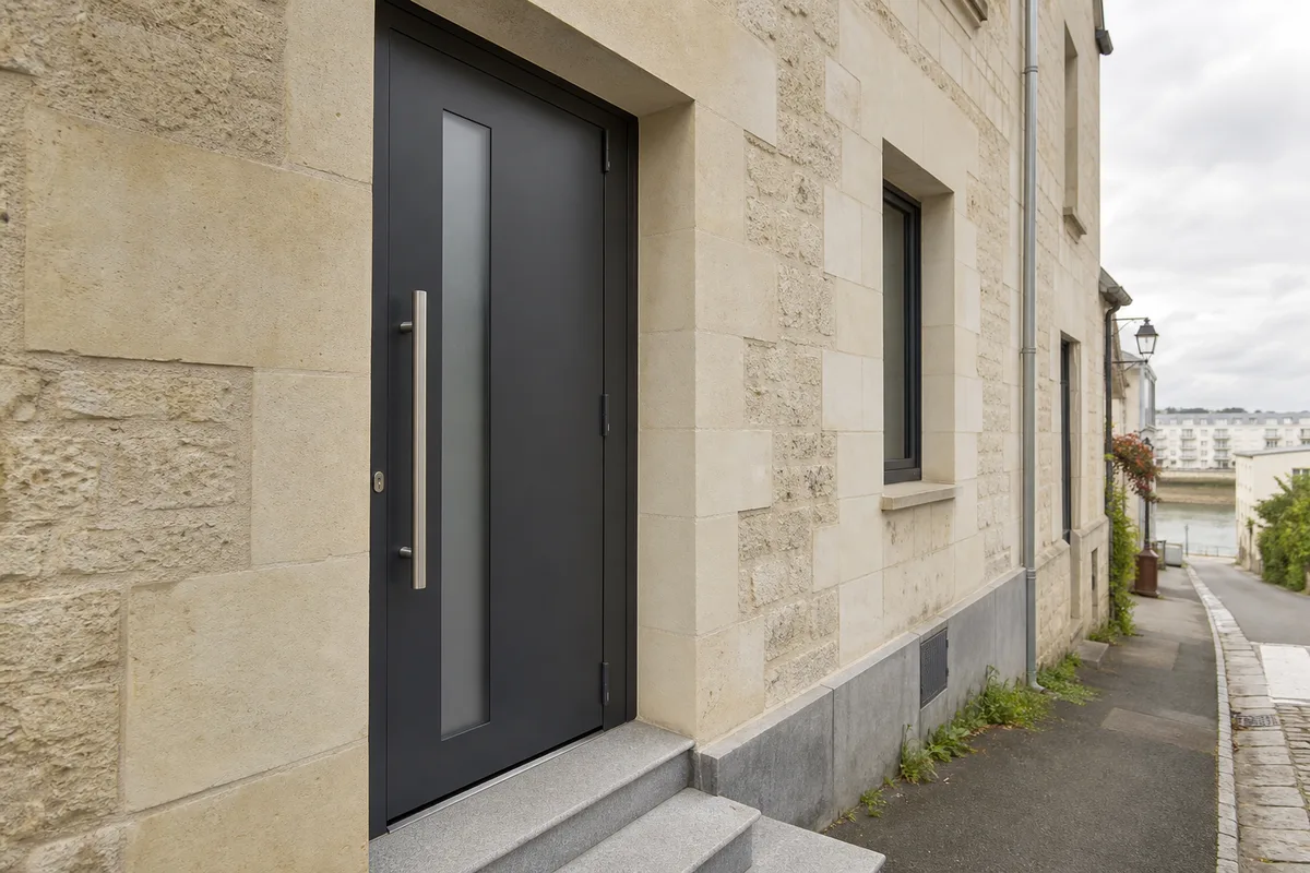 Porte d&rsquo;entrée en aluminium gris anthracite posée sur une maison de ville nantaise