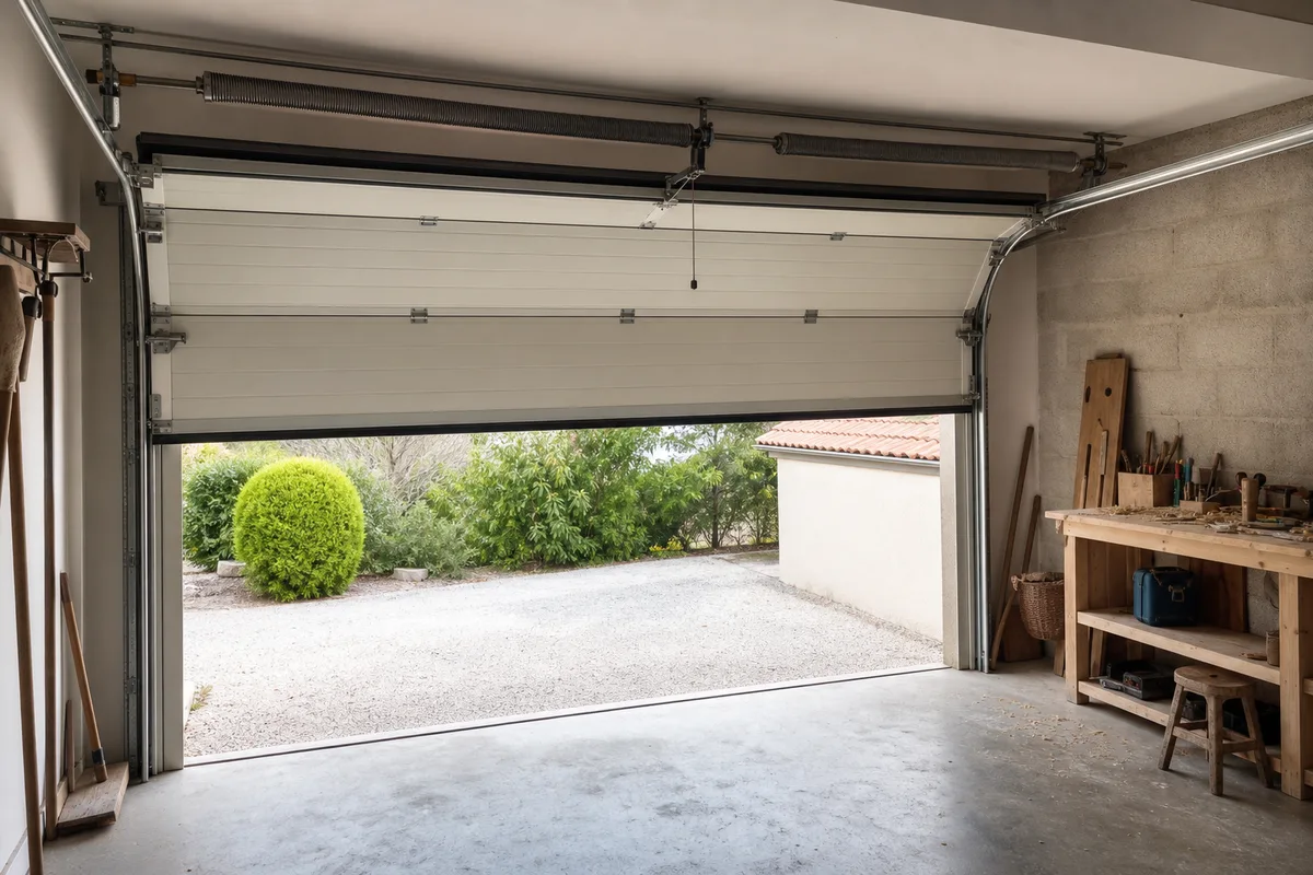 Porte de garage sectionnelle en panneaux isolés dans un garage de maison nantaise