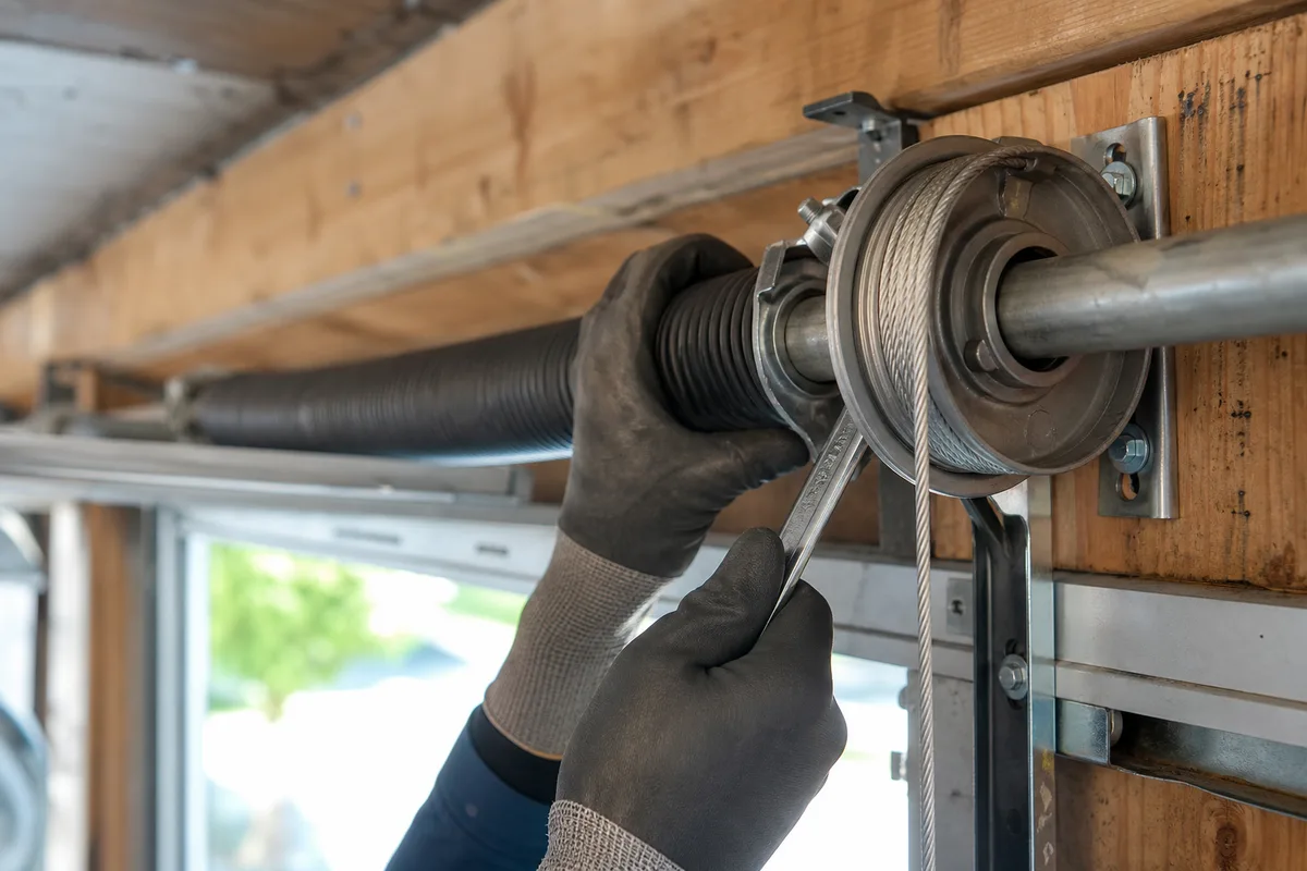 Mains gantées réglant le mécanisme à ressort d&rsquo;une porte de garage sectionnelle