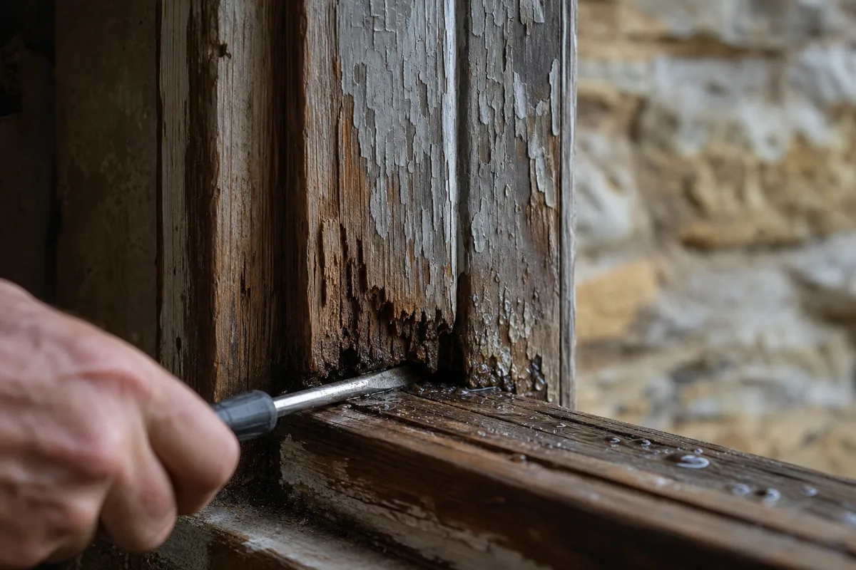 Fenêtre bois ancienne au dormant marqué par l&rsquo;humidité dans une maison de ville nantaise