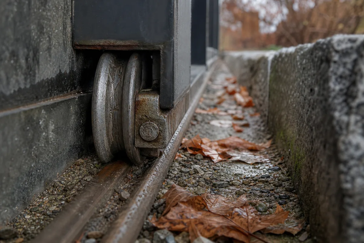 Portail coulissant en aluminium clair le long d&rsquo;un muret de granit, rail au sol encrassé de sable et de feuilles, lumière humide de fin d&rsquo;automne