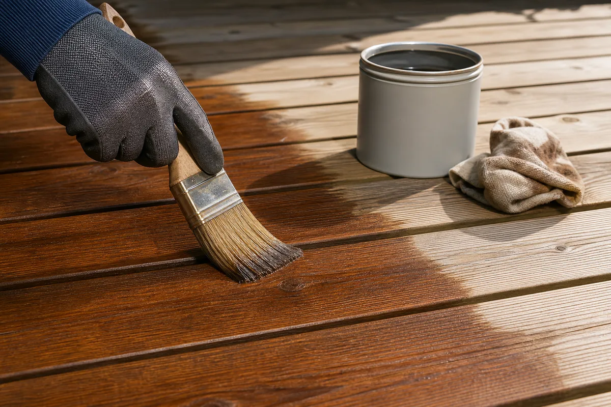 Mains gantées appliquant un saturateur sur des lames de terrasse en bois, brosse et pot posés à côté