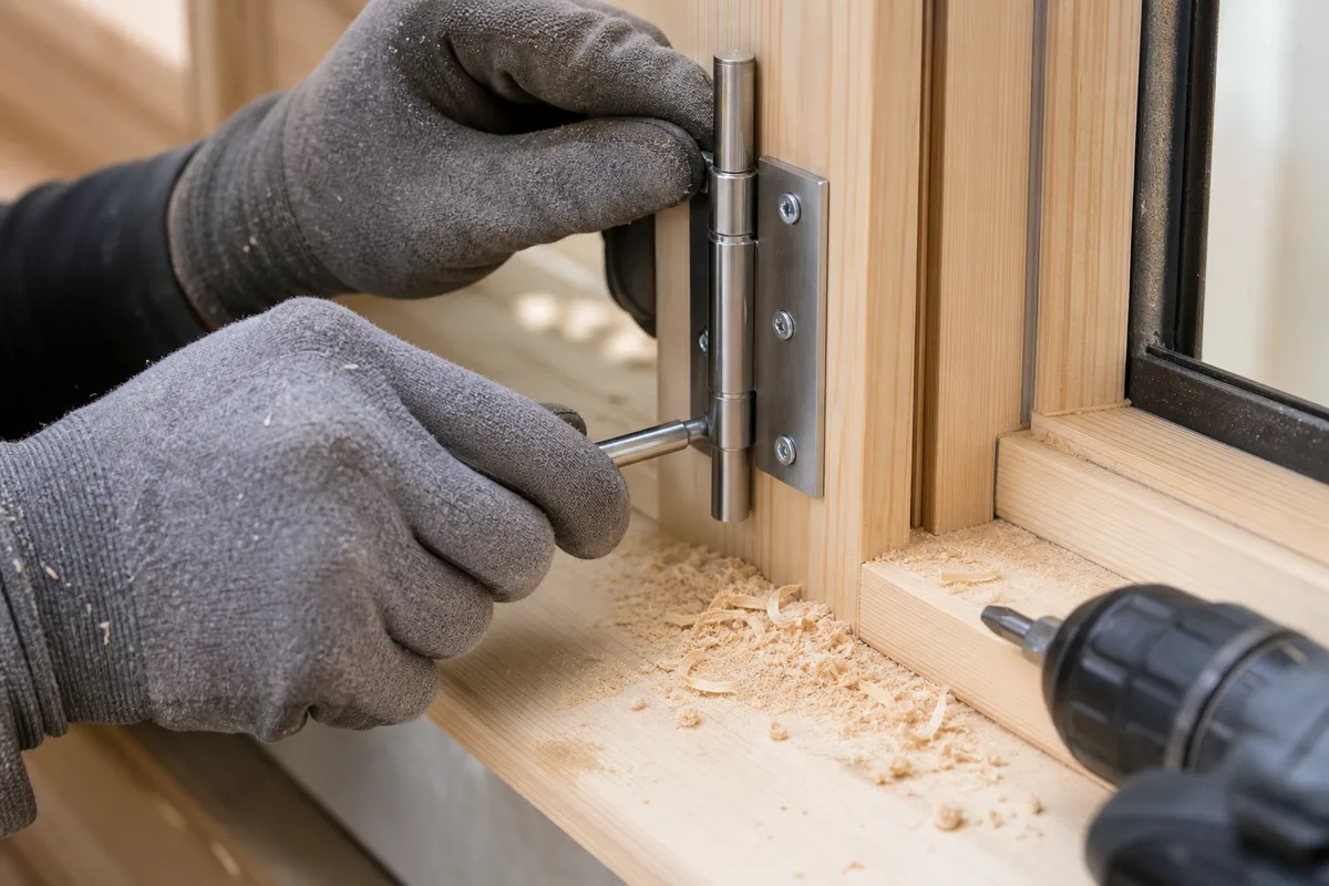 Mains d&rsquo;un menuisier réglant un gond à platine sur un tableau de fenêtre en bardage bois