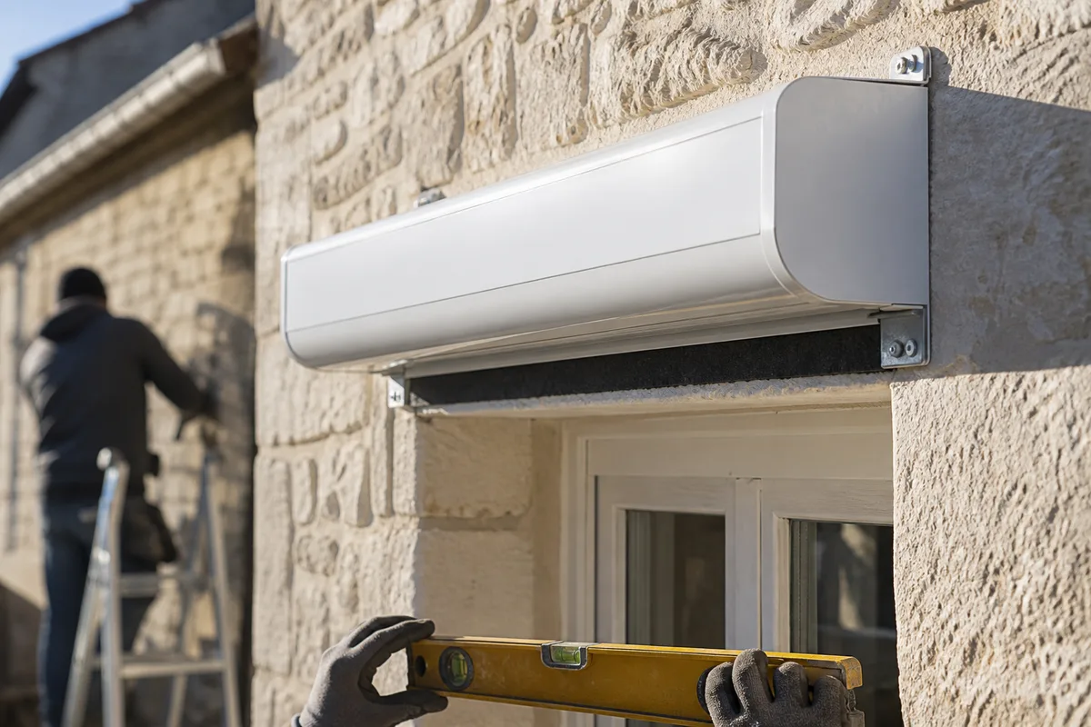 Coffre de volet roulant en aluminium posé au-dessus d&rsquo;un tableau de fenêtre en rénovation